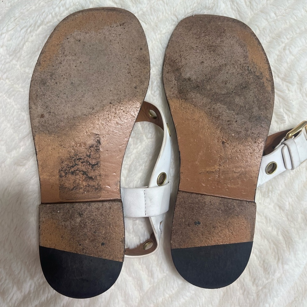 Celine White Leather Grommet Sandals 37.5 Flat Ankle Strap Made in Italy - Picture 6 of 16